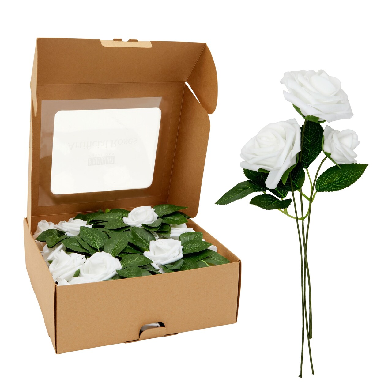60 Pieces Artificial White Flowers (3 Sizes), Foam Roses Bulk with Stems & Leaves for Wedding Decorations DIY Bouquets
